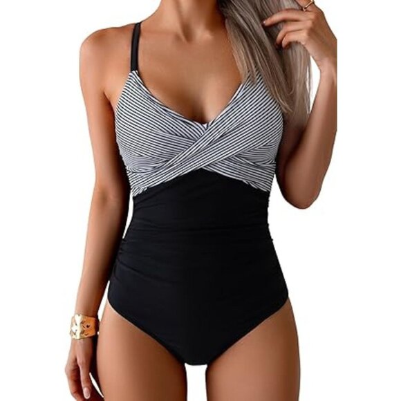 Swimsuit Stripe V-Neck Black White Twist Front Tie Back Size Large NWT #2142 - Picture 1 of 1